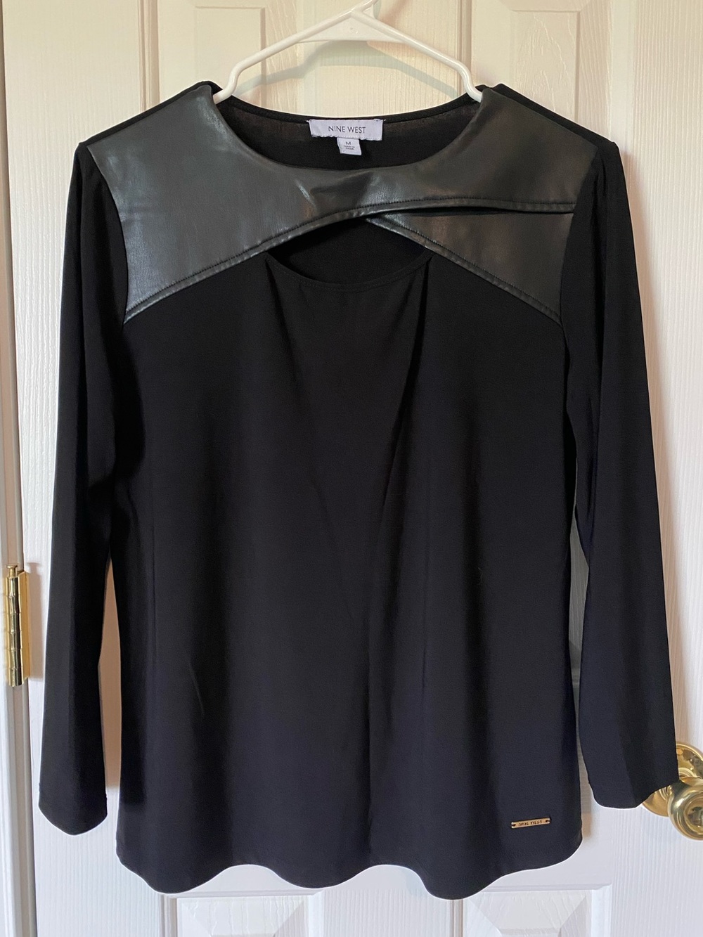 Nine West Black Long Sleeve Top with Faux-Leather Yoke